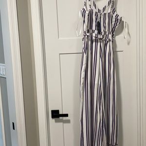 Pink blue and white striped jumpsuit